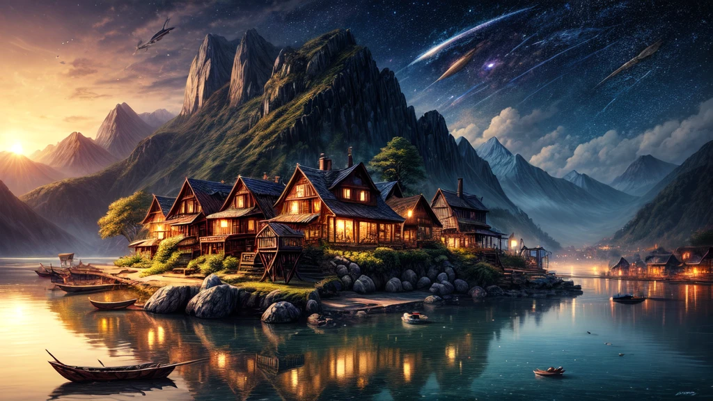 masterpiece, best quality landscape, dramatic lighting, intricate details, sharp focus, 16k, professional illustration, (wooden fishing village:0.6), glistening water, splashes, flying fishes, fantasy, starry night, planets, galaxy (full view) advntr 