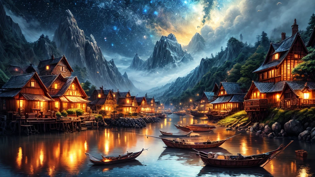 masterpiece, best quality landscape, dramatic lighting, intricate details, sharp focus, 16k, professional illustration, (wooden fishing village:0.6), glistening water, splashes, flying fishes, fantasy, starry night, planets, galaxy (full view) advntr