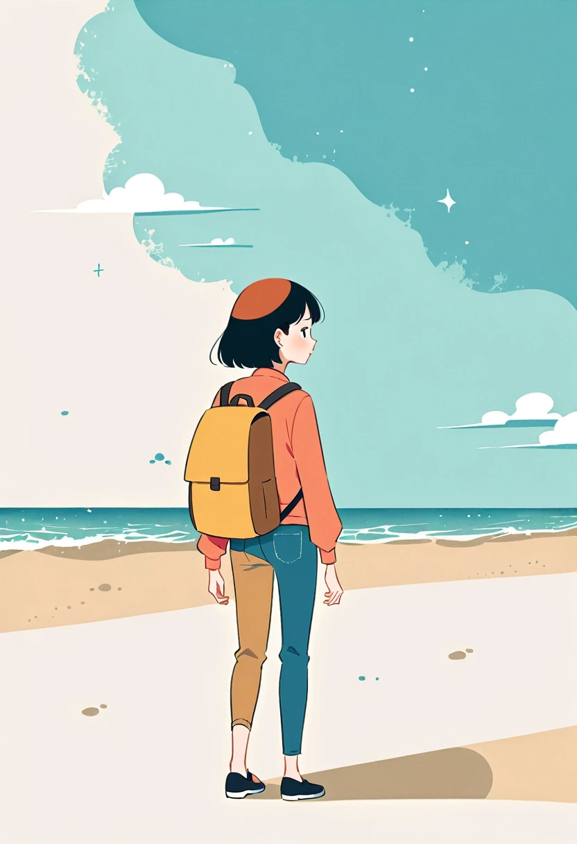 (Standing on the beach:1.3),carried a backpack,Simple lines,Minimalism,Abstract art