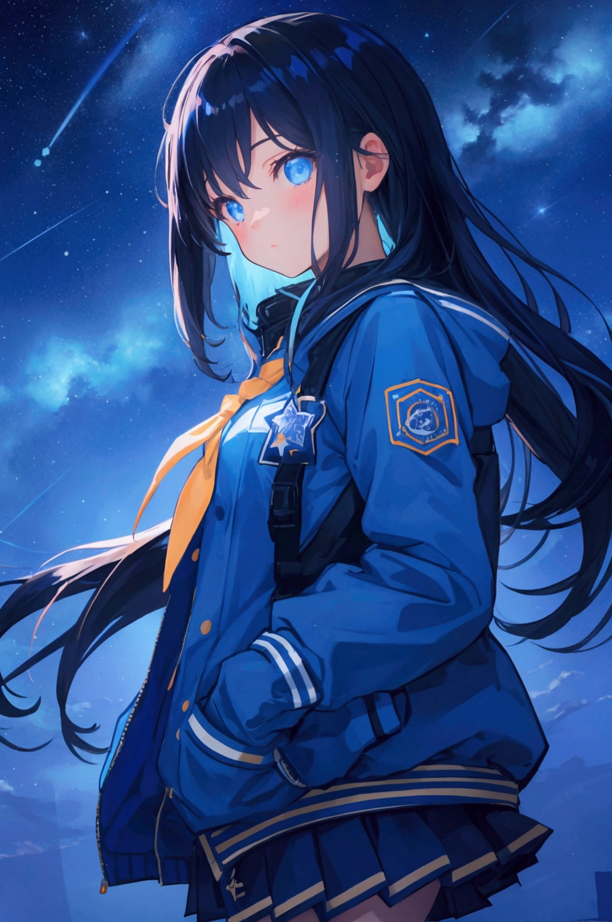 A high school girl gazing at a fantastic starry sky All Blue sky between the neon lights