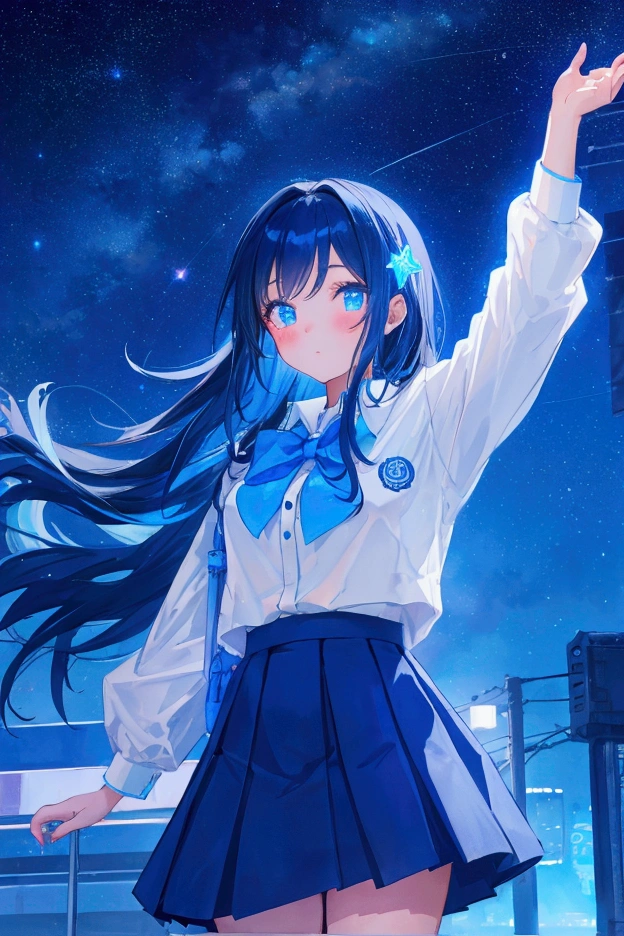 Female, fullmoon, moonlight, midnight, halo over head, dark blue hair with dark accents, oversized white hoodie, smile, thigh highs, skirt, sneakers, greenscreen background