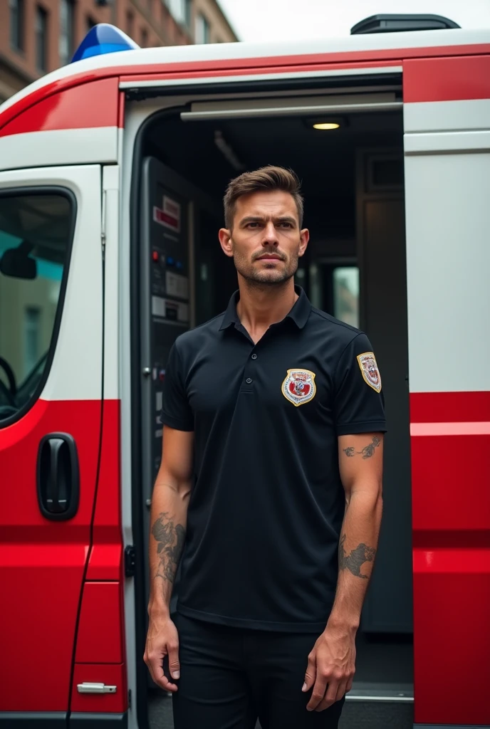 The image shows a man standing in the doorway of a red and white ambulance, wearing a black shirt with a civil protection symbol.