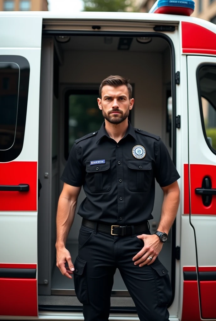 The image shows a man standing in the doorway of a red and white ambulance, wearing a black shirt with a civil protection symbol.