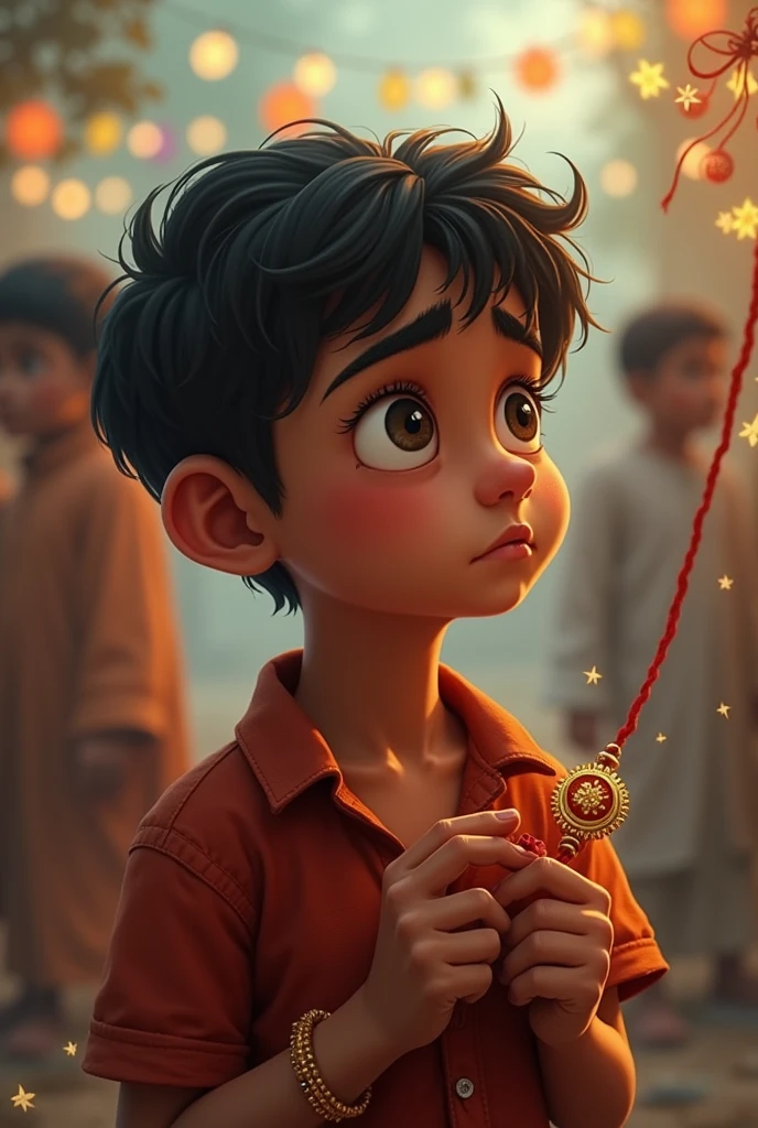 A boy having no own sister is sad on Raksha bandhan holding a thread because he have no own sister to apply thread in his thread looking around for someone 
