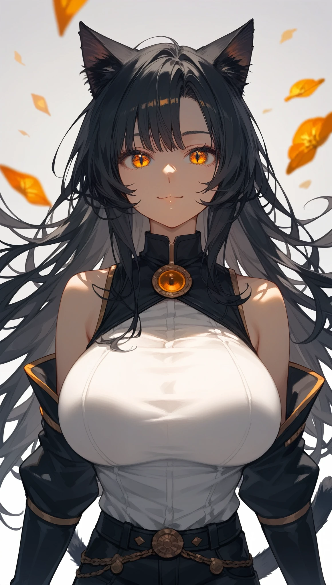 masterpiece, Score_9, Score_8_up, Score_7_up, front view, 1 woman, alone, black hair, long hair, sharp hair straight to the front, cat ears, cat tail, yellow orange eyes, beautiful eyes, detailed eyes, narrow eyes, smiling mouth, expressionless, smooth skin, big breasts, black short cool shirt, black sleeveless shirt, black shorts, black short gloves, best quality, black boots.