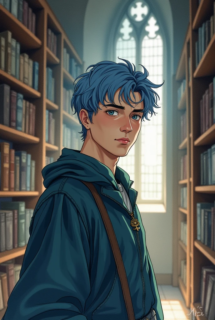 1 male, Around 30 years old,Watercolor Texture, Blue Hair, Soft colors, Illustration Anime, I&#39;m in the library,German,middle ages,Front facing