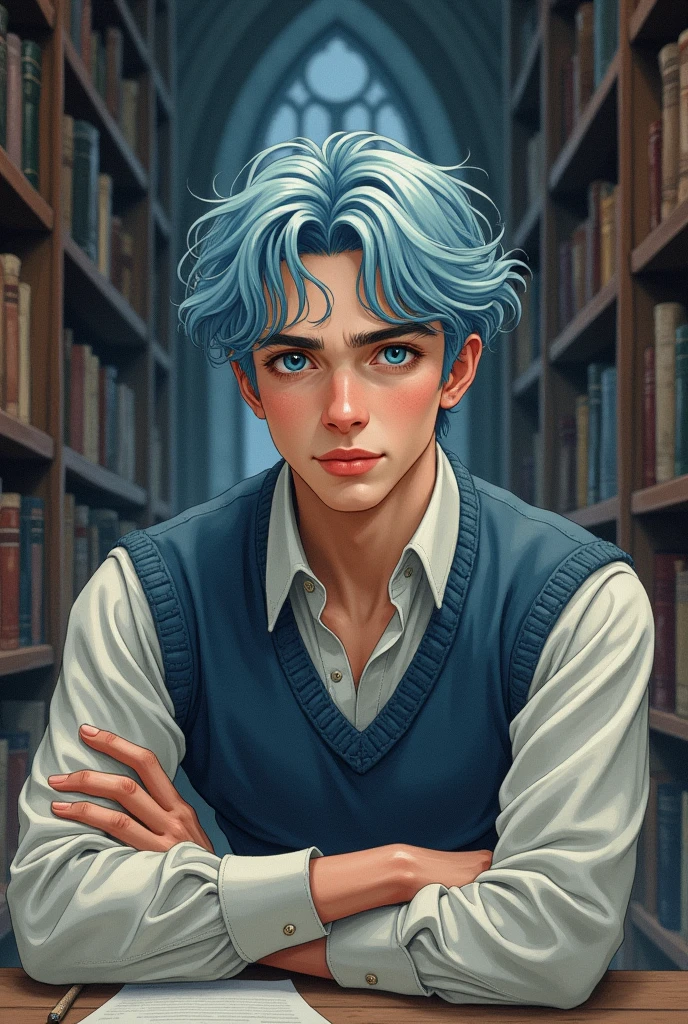 1 male, Around 30 years old,Watercolor Texture, Blue Hair, Soft colors, Illustration Anime, I&#39;m in the library,German,middle ages,Front facing