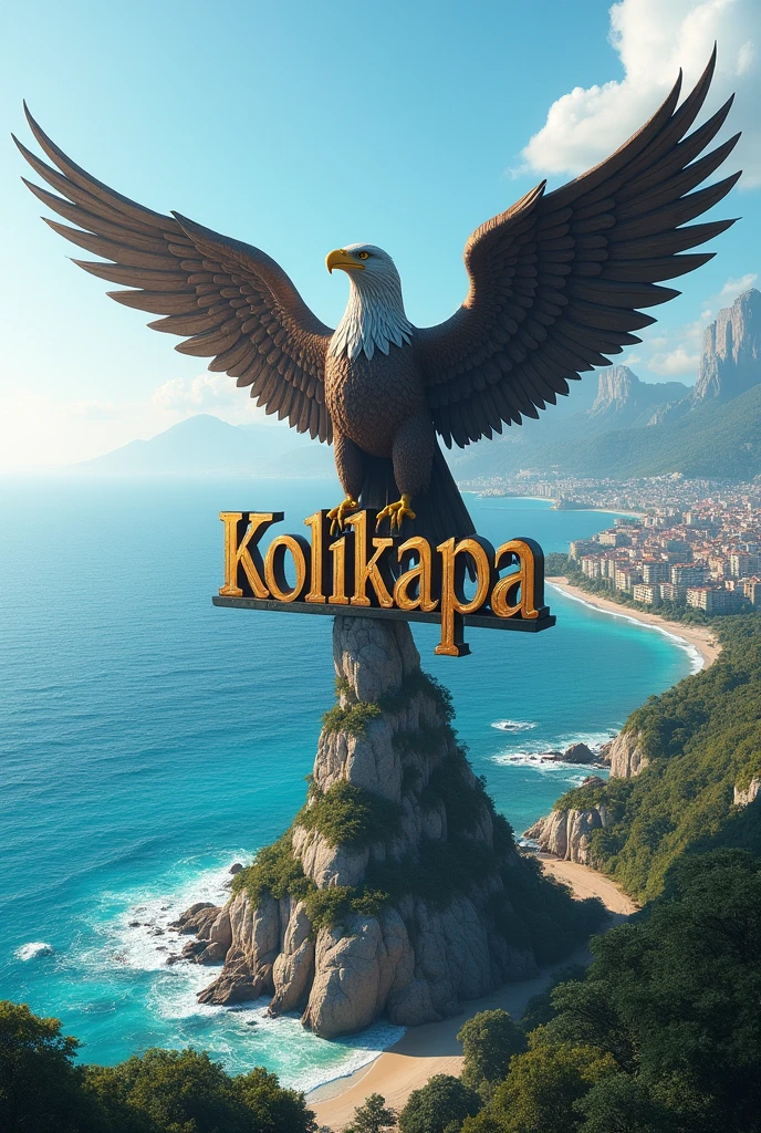 a city (very beautiful) by the sea ((blue sea water)) with a statue of an eagle clutching kolikapa writing city name ((Kolikapa)).