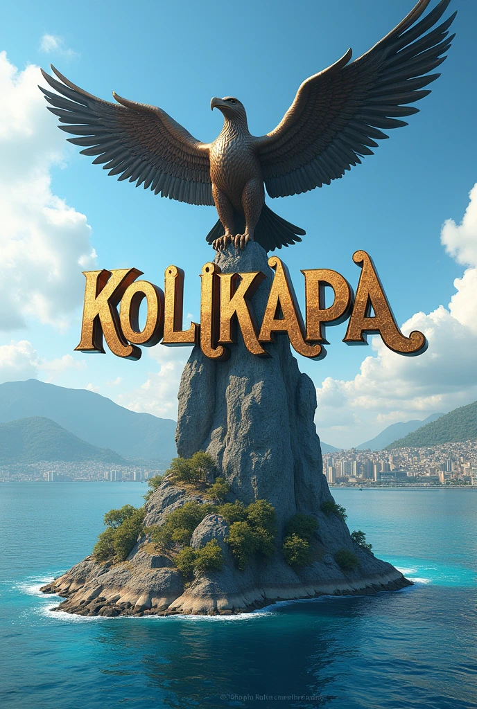 a city (very beautiful) by the sea ((blue sea water)) with a statue of an eagle clutching kolikapa writing city name ((Kolikapa)).