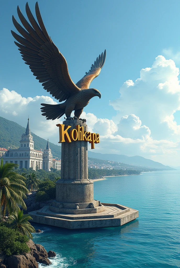 a city (very beautiful) by the sea ((blue sea water)) with a statue of an eagle clutching kolikapa writing city ​​name ((Kolikapa)).