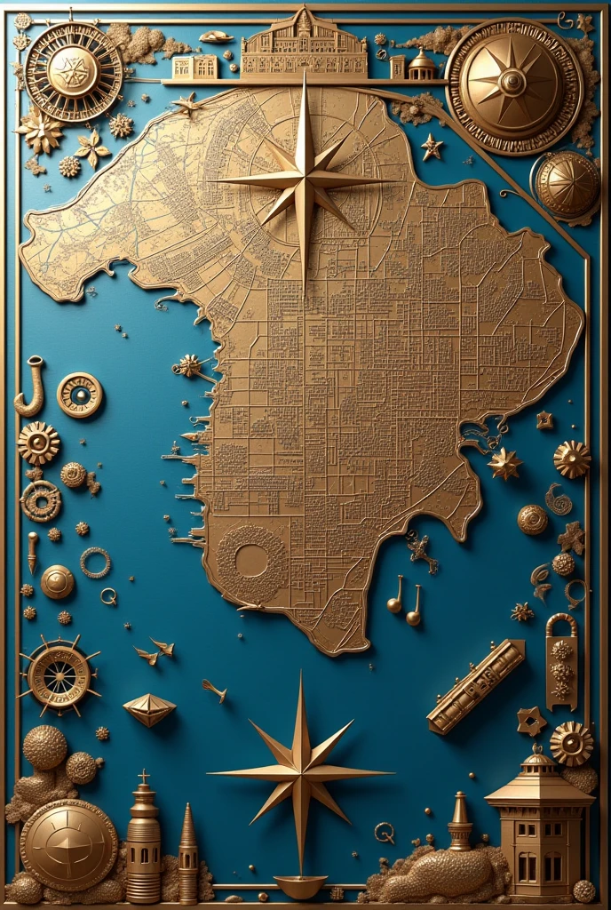 a 3D art on the wall with a big map of Gujarat Surat in India - metallic, add compass, port, ship and diamond