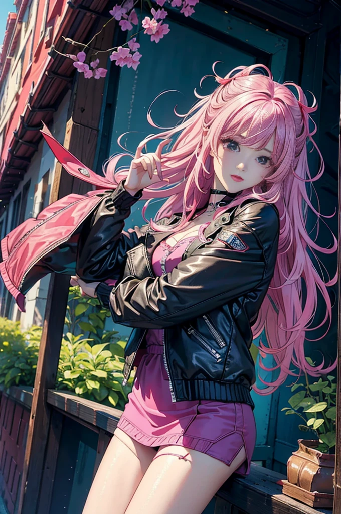 magenta tint、Bright colors、((masterpiece)))、(((top quality)))、((Super detailed))、(surreal)、(Very detailed CG illustrations)、official art、CD cover、This will be、midsummer、fashionable、The glorious 1980s、cruel beauty、cochetti gorgeous、gorgeous、Colorful hair、rock music、leather jacket、miniskirt、women only、perfect angle、Perfect composition、