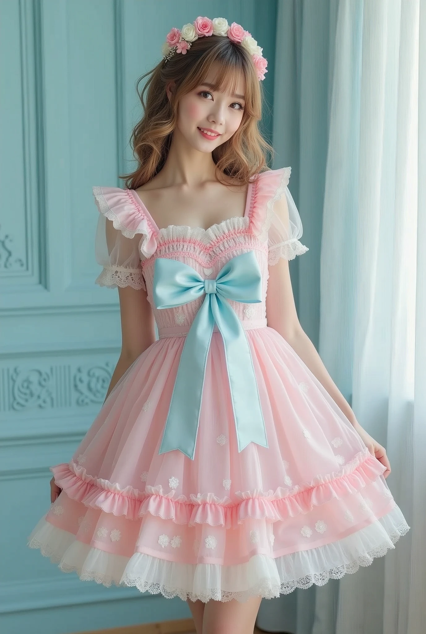 (Highest quality、Masterpiece、8k、Best image quality、Ultra-realism、Award-winning work)、25-year-old beautiful cute girl、(Single person:1.1)、(1 Figure:1.1)、(Cute, Girl, Light Pink and Light Blue Translucent Lolita Dress:1.2)、(Cute Girl's Big Ribbon:1.1)、(Cute and Elegant Hair Accessories:1.1)、(Perfect Lolita Dress with Attention to Details:1.2)、(Cute Dress with Ruffles and Ribbons:1.1)、(Cute Lolita Dress with Lace Decorations:1.1)、(Cute Girl's Wavy Hair:1.1)、(Low Length:1.1)、(Height: 140cm:1.1)、(Big Bust:1.5)、(Charming Body:1.5)、(Big Cleavage:1.5)、(White Rose:1.1)、(Cute Heart Symbol:1.1)、Cute, Full of Ruffles、(Cute Big Ribbon:1.1)、Highlight Your Figure、Slender Body、Stand Elegantly、(Pastel Color Elegant and Girly Lolita Room Background: 1.1)、(Fairytale Lolita room with attention to detail: 1.1)、(Lovely light blue wall decoration: 1.2)、(Lovely room with a girly atmosphere in pastel colors: 1.1)、(Lovely room with very bright and shiny pastel colors: 1.4)、(Very bright and shiny room: 1.2)、(Full of pastel colors: 1.2)、(Very bright and vivid: 1.4)、(Lovely pastel wall decoration: 1.2)、Blurred background、Stand gracefully、Precise anatomy、Perfect makeup、Long eyelashes、Glossy lips、Ultra HD glossy skin、(Ultra-high definition, bright and beautiful skin: 1.2)、(Very bright and glowing skin: 1.2)、Ultra HD glossy skin、Super clear beautiful teeth、Light brown and blonde hair、Light brown eyes,dynamic posing, sexy posing, fashion pose, modeling pose
,((full body)),