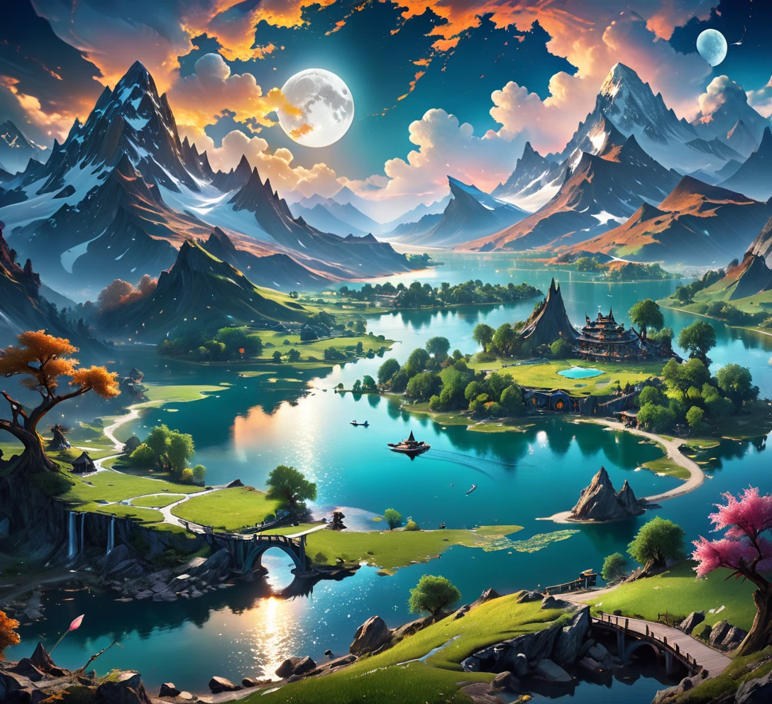 mountains and a lake with a moon in the sky, 4k highly detailed digital art, 4 k hd wallpaper very detailed, impressive fantasy landscape, sci-fi fantasy desktop wallpaper, unreal engine 4k wallpaper, 4k detailed digital art, sci-fi fantasy wallpaper, epic dreamlike fantasy landscape, 4k hd matte digital painting, 8k stunning artwork