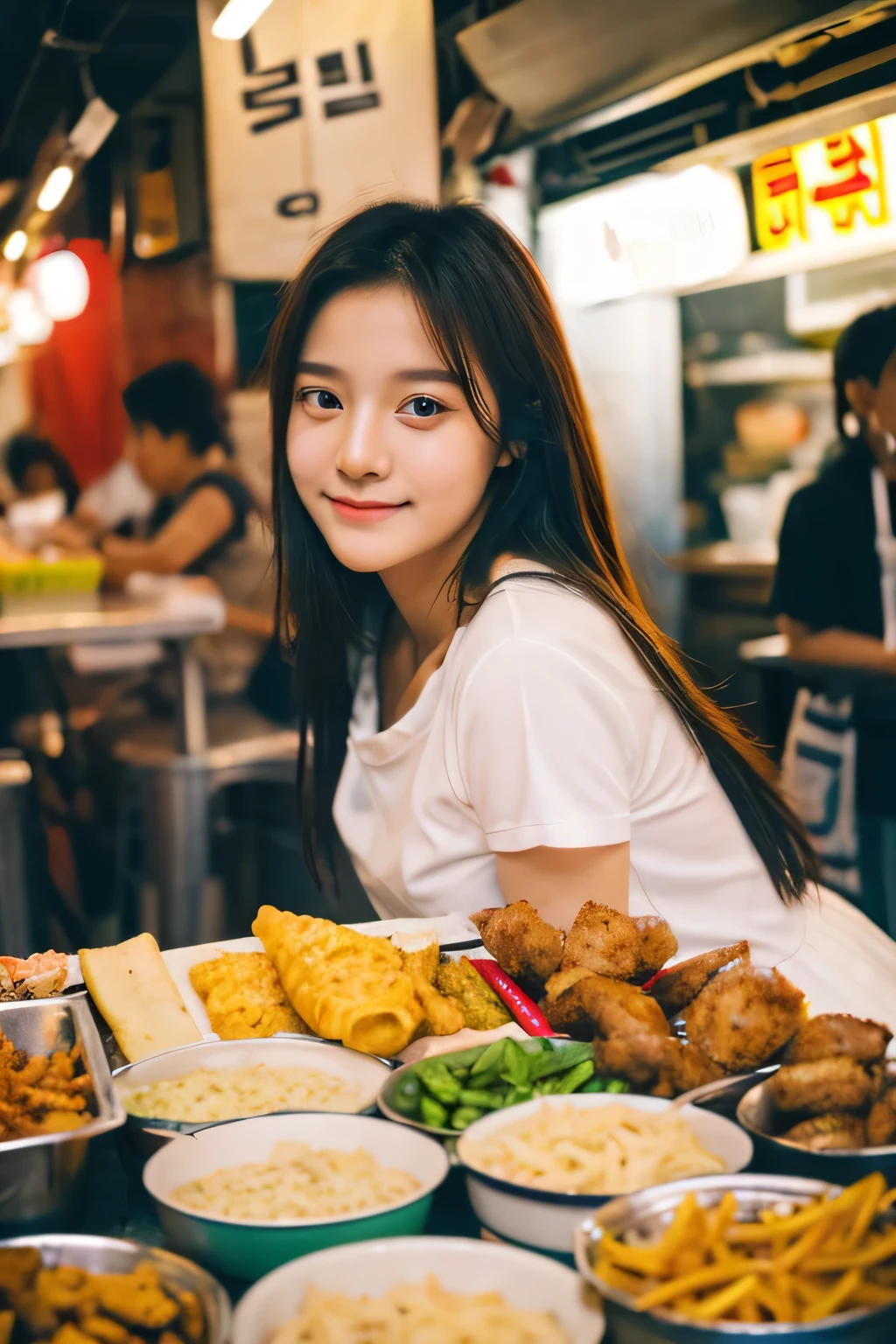 student girl korean cute face model studio photo background her food stall, street food, out door ,mall