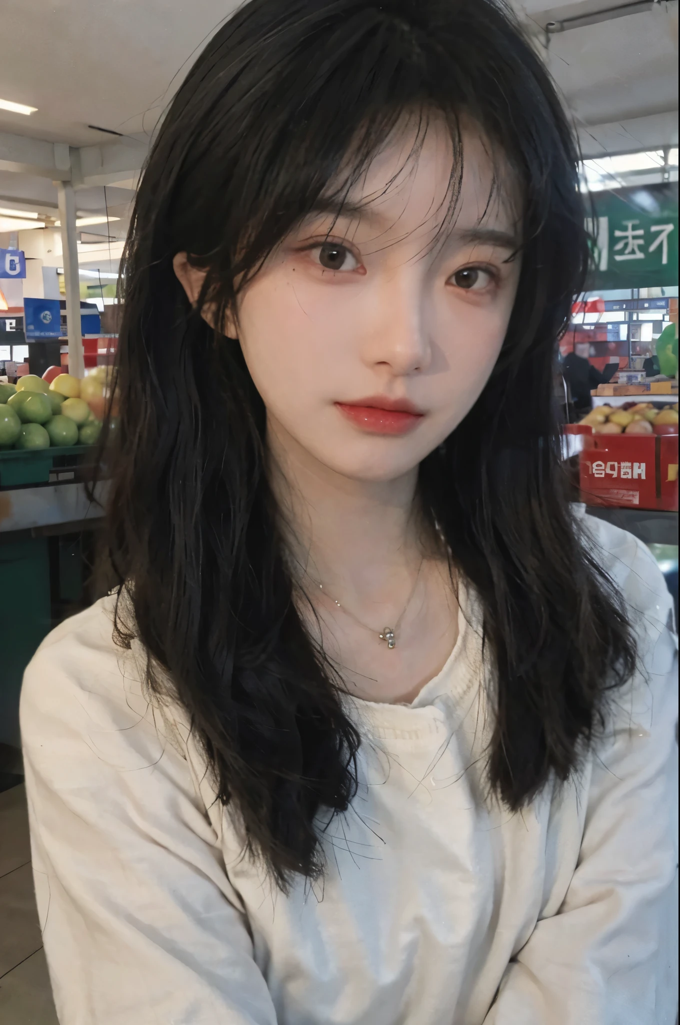 Best quality,Ultra-high resolution,(Realism:1.4),Cute hairpins,girll,Cropped black sweater,Look directly at the audience,Full of atmosphere,Beautiful woman with a slim figure:1.4,supermarket,whole body,Super delicate face,Exquisite eyes,Double eyelids,necklace