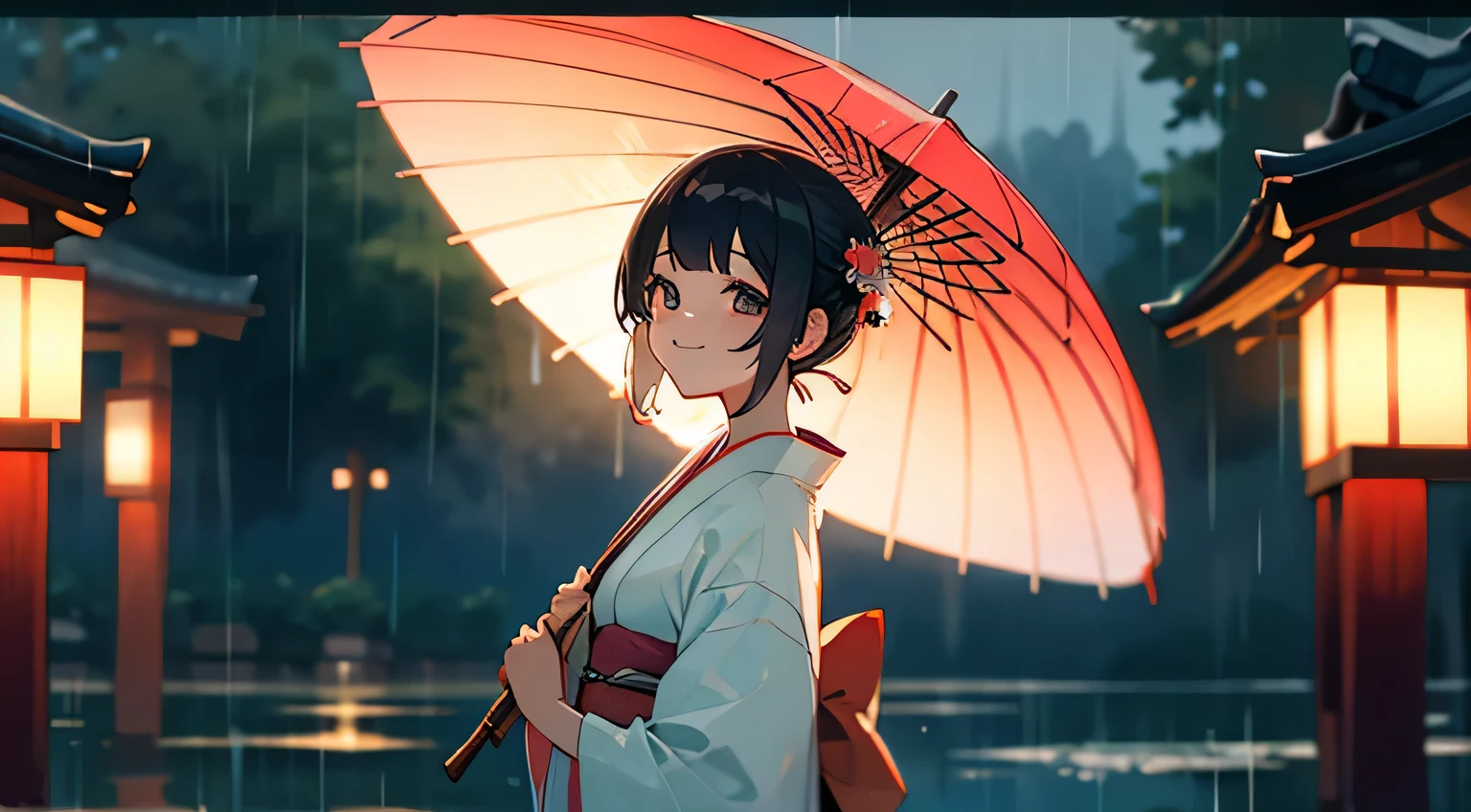 rain,summer,smile,kimono,japanese girl