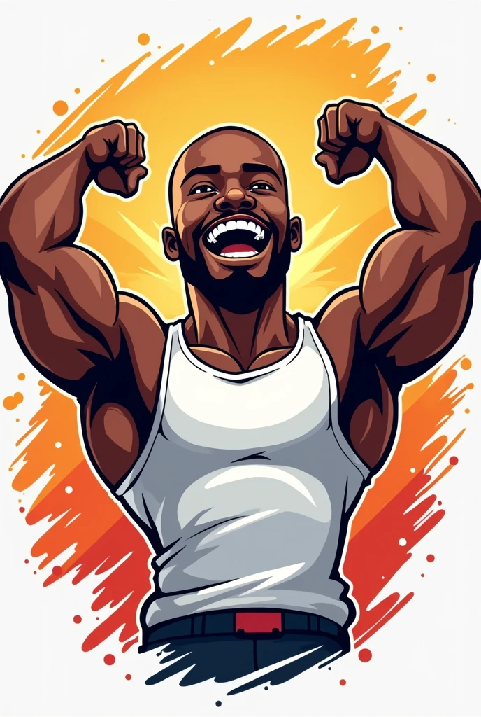 logo gym cartoon coach Lucio ,with a 25 year old bald black man with no beard ,white tank top athletic body