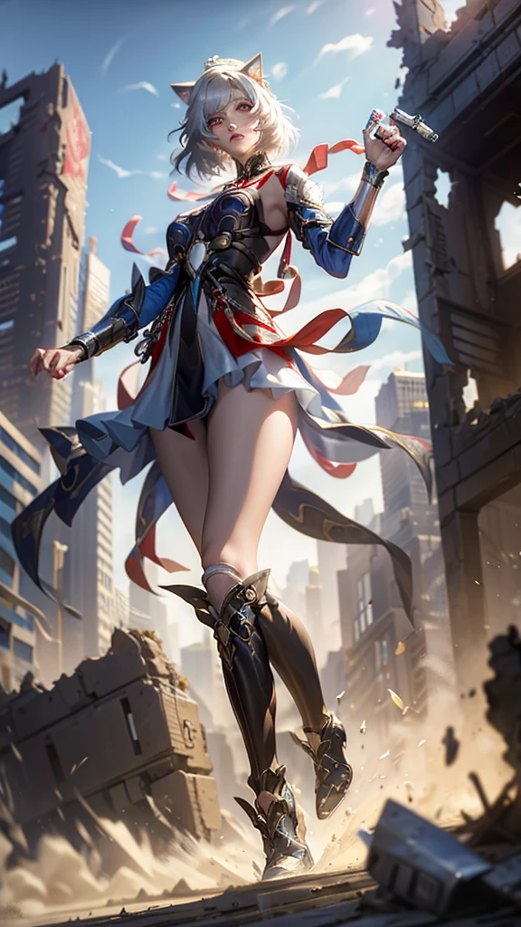 The metropolis of the future.A lovely and charming girl,Cat ears,short hair,All American Body,Wearing a red and white combat uniform,Wearing a combat coat,Holding a Gaklin machine gun,in the ruined city