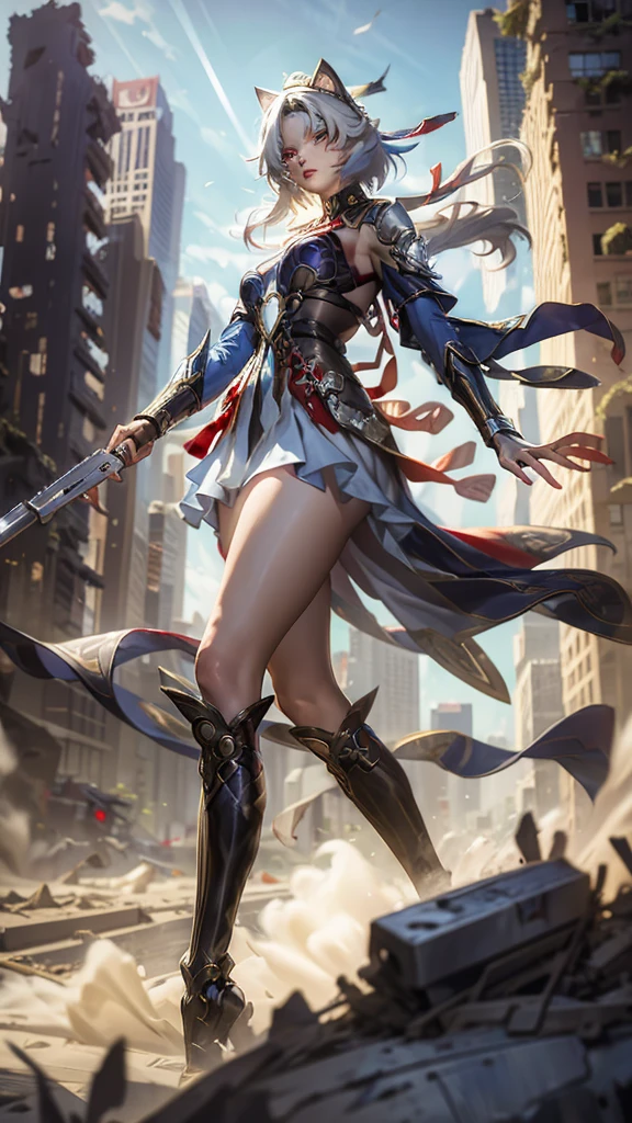 The metropolis of the future.A lovely and charming girl,Cat ears,short hair,All American Body,Wearing a red and white combat uniform,Wearing a combat coat,Holding a Gaklin machine gun,in the ruined city