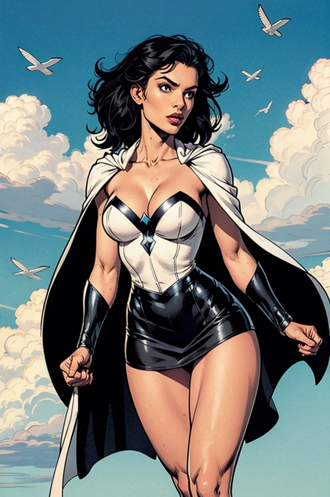 DC Comics, Gemma Arterton dressed as a Goth girl, by Adam Hughes and HR Geiger, vampire, (sexy), flying, pain background, nearly naked, NSFW