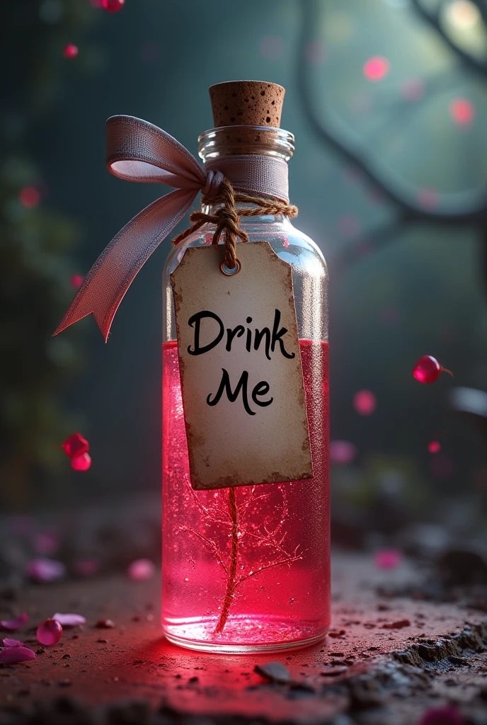 create alice in wonderland potion, that has a tag that has a ribbon strip and the tag hanging says drink me, that the potion looks shiny, that it is more transparent reddish pink, The bottle is elongated but cylindrical, which is very Alice in Wonderland-themed.