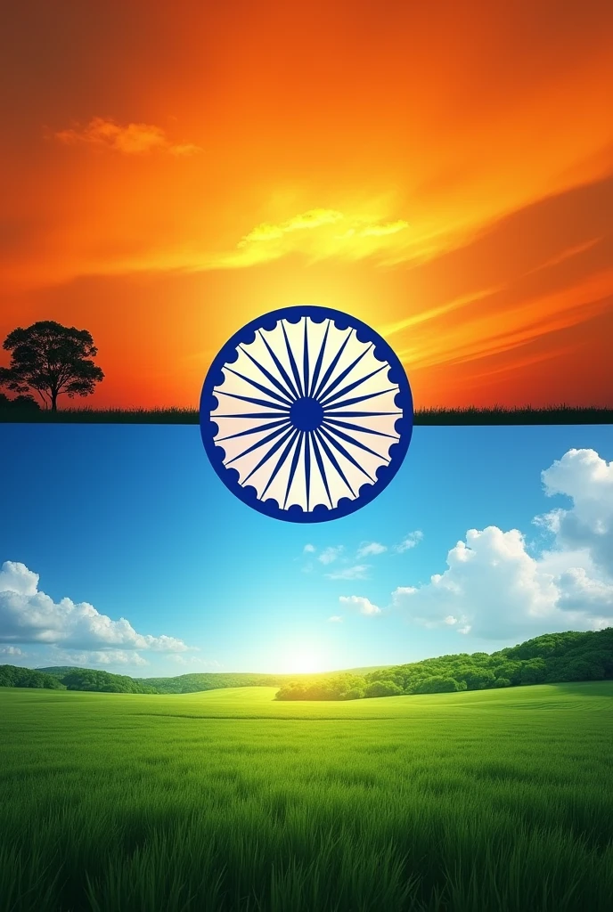 Create a 3D image divided into two horizontal sections. The top section should feature a vibrant orange sunset sky with streaks of clouds, a tree silhouette on the horizon, and a sun setting. The bottom section should display a bright green grass field with a clear blue sky above, scattered with fluffy white clouds. In the center of the image, place a blue Ashoka Chakra symbol from the Indian flag, positioned against the sky background."