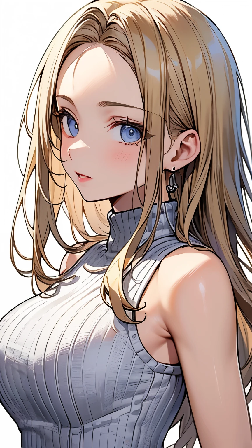 ((forehead、Standing、Chubby、A calm face、Blonde、High Neck Sleeveless Knit Dress、White Blonde Hair、Northern Europe、White、beautiful girl:1.5、Blonde、White background、cute、Young、True Face、Shiny Hair、whole body))、overweight:1.5、masterpiece, best quality, ultra detailed, hyper detailed, beautiful, woman, medium shot, from front, leaping figure composition, midday, in focus with blurred background、 highest quality, figure, super detailed, finely, High resolution, 8k wallpaper, Perfect dynamic composition, detailed and beautiful eyes, Deco out,bionde, big breasts, Natural color lip,white background, random cute poses