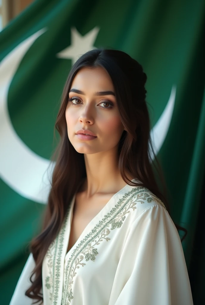 Beautiful Pakistani girl in full sleeve beautiful Pakistani white dress with Pakistan flag in background. Highly detailed image ultra 8k resolution