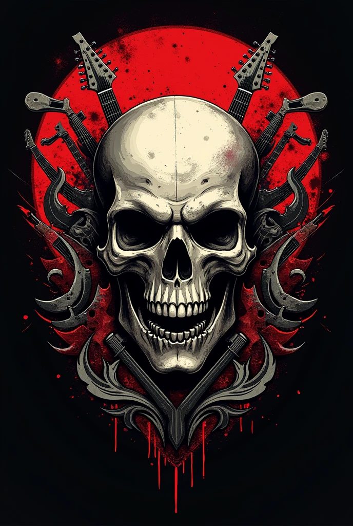 Make me a logo with the name "La Curva" including skulls, instruments like guitar and drums, make it aggressive and realistic, that causes a visual impact.