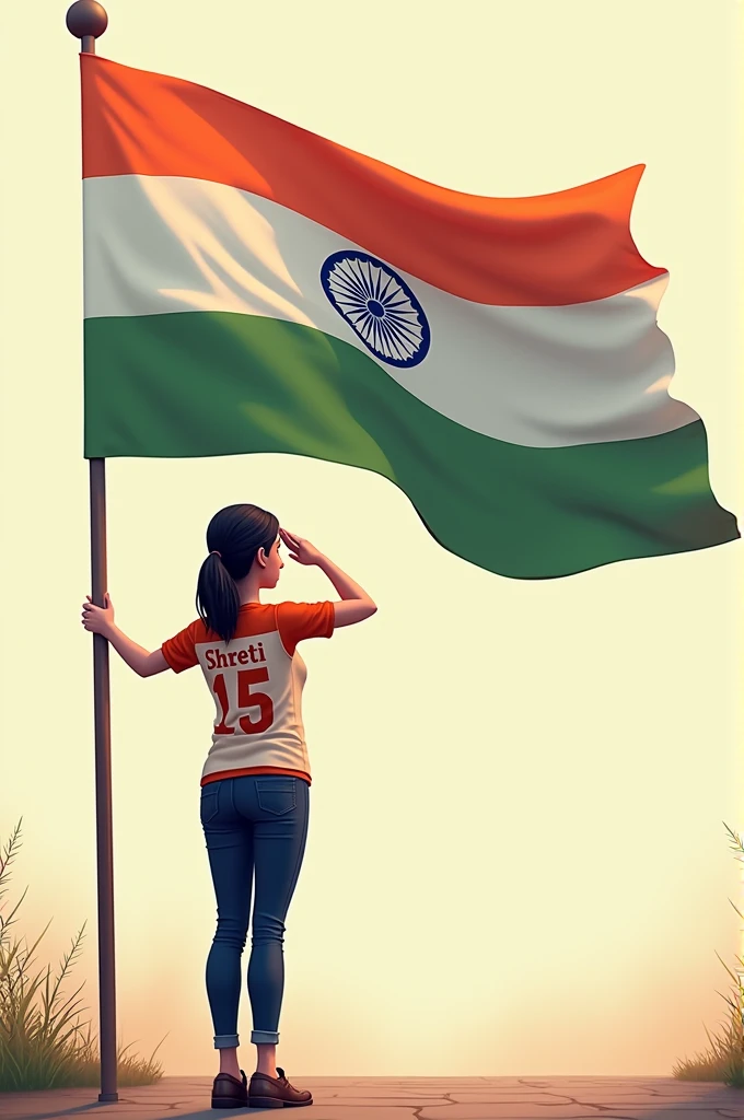 A 20 years old girl salutes the national flag of bharat and he is wearing a shirt print is like bharat flag and "Shreeti" and 15 number and independence day in small is written on it's back in big and bold fonts, 3d illustration