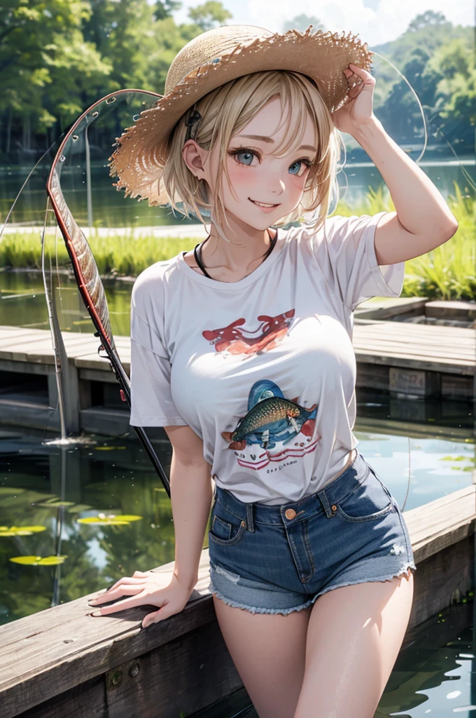 Absurd, Super detailedな,(In 8K:1.3),Masseter muscle area,(masterpiece:1.2)、(Highest quality)、4K、Super detailed、(Movement Structure:1.4)、(Shining Lights、Atmosphere lighting), High resolution, Best Quality、(One person:1.4),Super detailedな,Bright colors、Treebreak Production Art、(Warm color light source:1.2),High-level image quality、Fine image quality、Intricate details,Volumetric Lighting,Realism BREAK、Profile、 Idol face、、Very beautiful face and eyes, Beautiful images、natural make up、 big eyes,、 (full-body shot:1.3)、 (breast grab)、 (Big Tits)、(curvy body)、(glossy skin :1.5)、(Baby Face:1.ing pond:1.5)、 (blonde hair,short hair:1.2)、(white、t-shirt:1.2)、(Straw hat:1.2)、(denim、Shorts:1.5)、(holding a fish:1.5)、(smirk:1.2)、