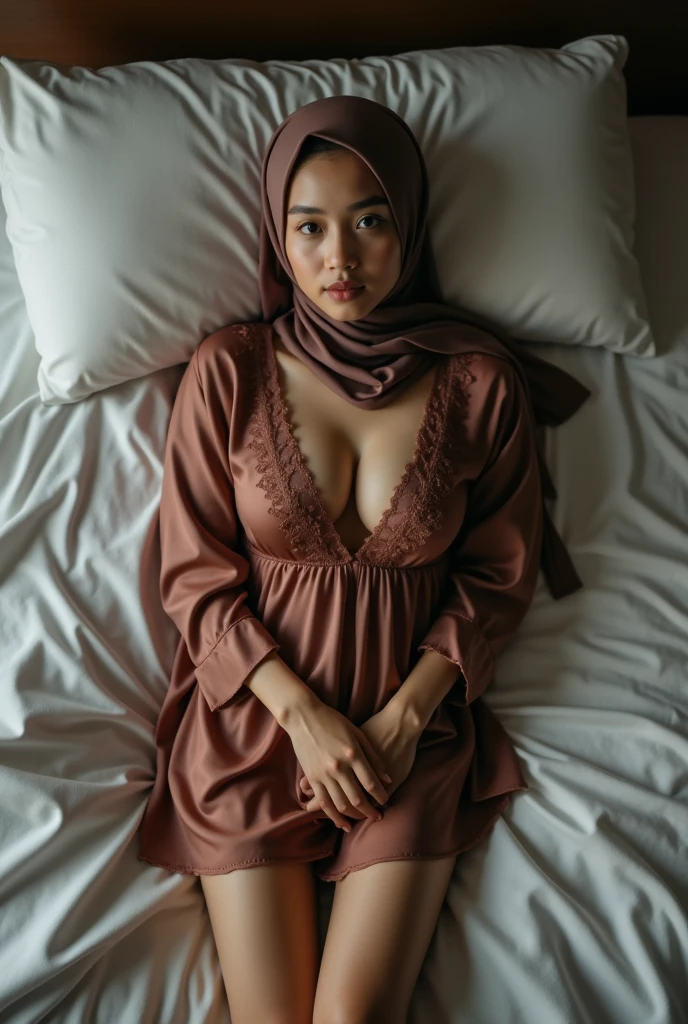 NSFW (masterpiece, top quality, best quality, extreme detailed, colorful, highest detailed, Dreamy Atmosphere, Bright color, real photo, real skin. Hyper realistic, 1girl, Malay young girl, wearing tudung, fair skin looking sharp to the viewer, detailed skin, city street background, slender body, lie down above view on a hotel's bed, ((spreading legs, M-legs position:1.5)), showing vagina. morning time, small breasts. She's wearing a silky night mini dress, silky, slightly lacy, freely pose, soft front studio lighting, whole body