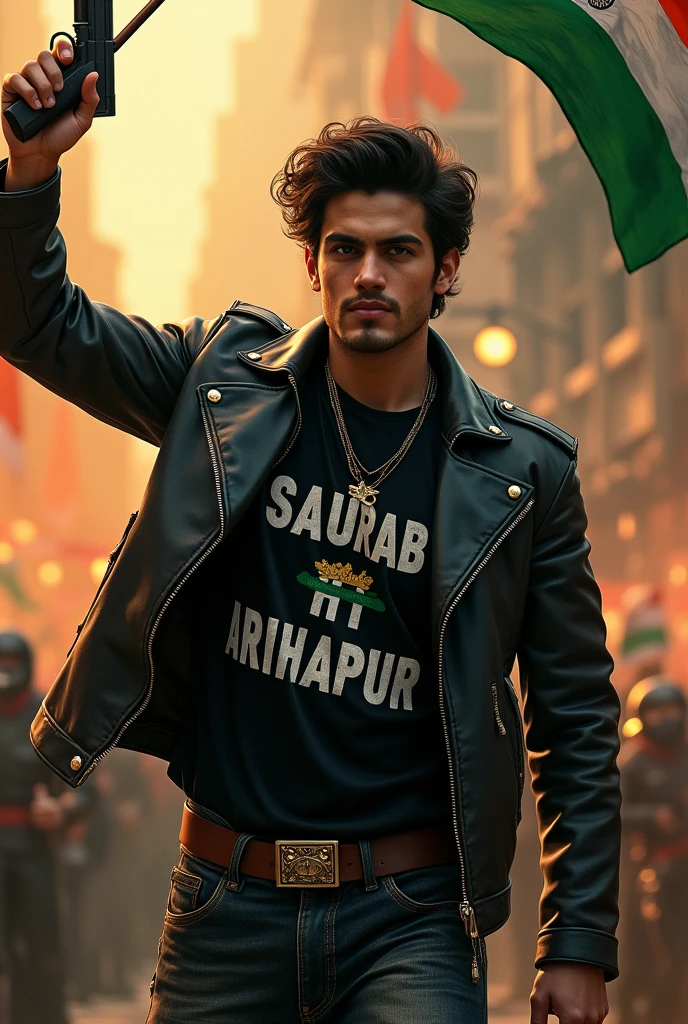 Make a photo of such an boy of 19 years.who looks like a gangster who is wearing a black Jacket  and black jeans and has a gun in his hand SAURABH HARIHARPUR is written in White  colour  on the  
His clothes . He also smoking and there is happy Inpendencee in the background small golden text written. And he is waving the tricoler flag with Others hand.