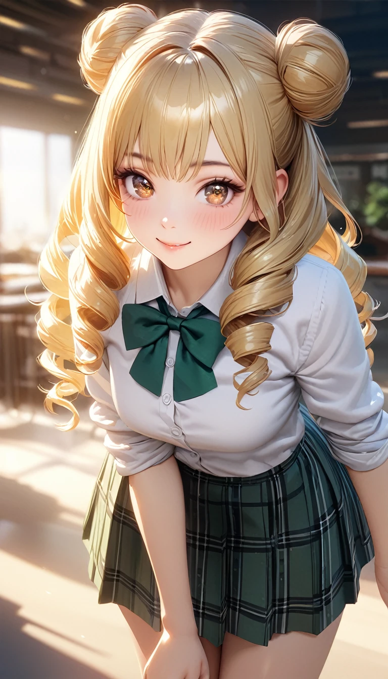 (masterpiece,ultra-detailed,best quality,8K,CG,realistic,illustration:1.2),(perfect-composition,detailed beautiful face,Clean skin,photographical skin,shiny skin,shiny hair, photographical hair,ultra detailed eyes,shaved,kawaii,uncensored:1.1),smile,long hair,twin tail, 1girl, solo, long hair, blonde hair, double bun, drill hair, brown eyes,winter school uniform, green bowtie, white shirt, yellow blazer, buttoned blazer,plaid skirt, green skirt,cowboy shot