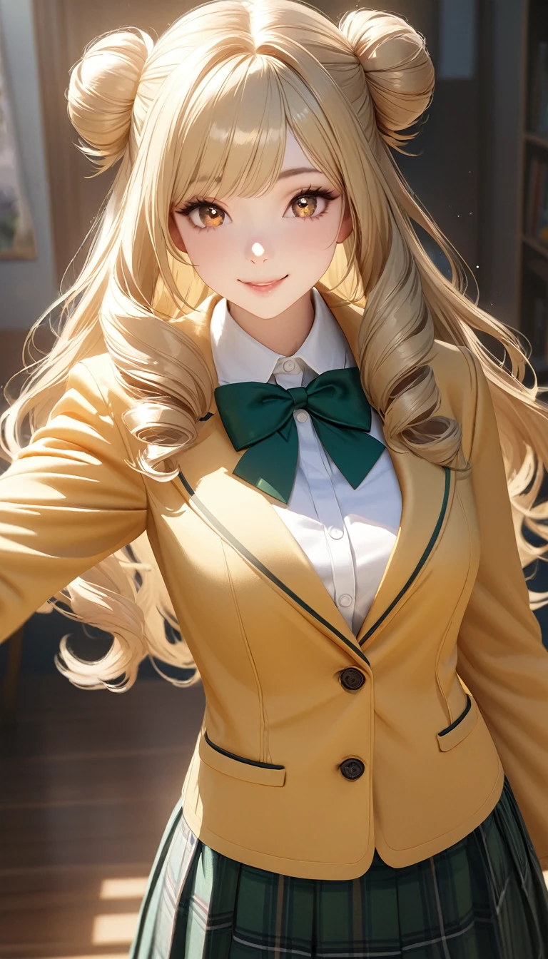 (masterpiece,ultra-detailed,best quality,8K,CG,realistic,illustration:1.2),(perfect-composition,detailed beautiful face,Clean skin,photographical skin,shiny skin,shiny hair, photographical hair,ultra detailed eyes,shaved,kawaii,uncensored:1.1),smile,long hair,twin tail, 1girl, solo, long hair, blonde hair, double bun, drill hair, brown eyes,winter school uniform, green bowtie, white shirt, yellow blazer, buttoned blazer,plaid skirt, green skirt,cowboy shot