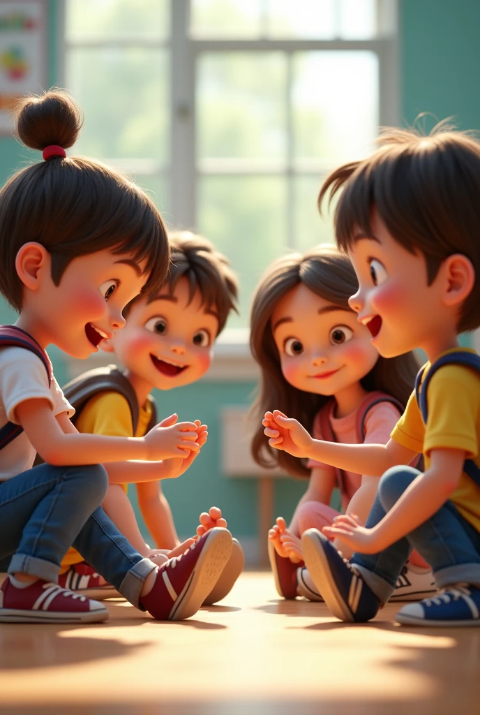 Elementary school students showing each other the soles of their feet