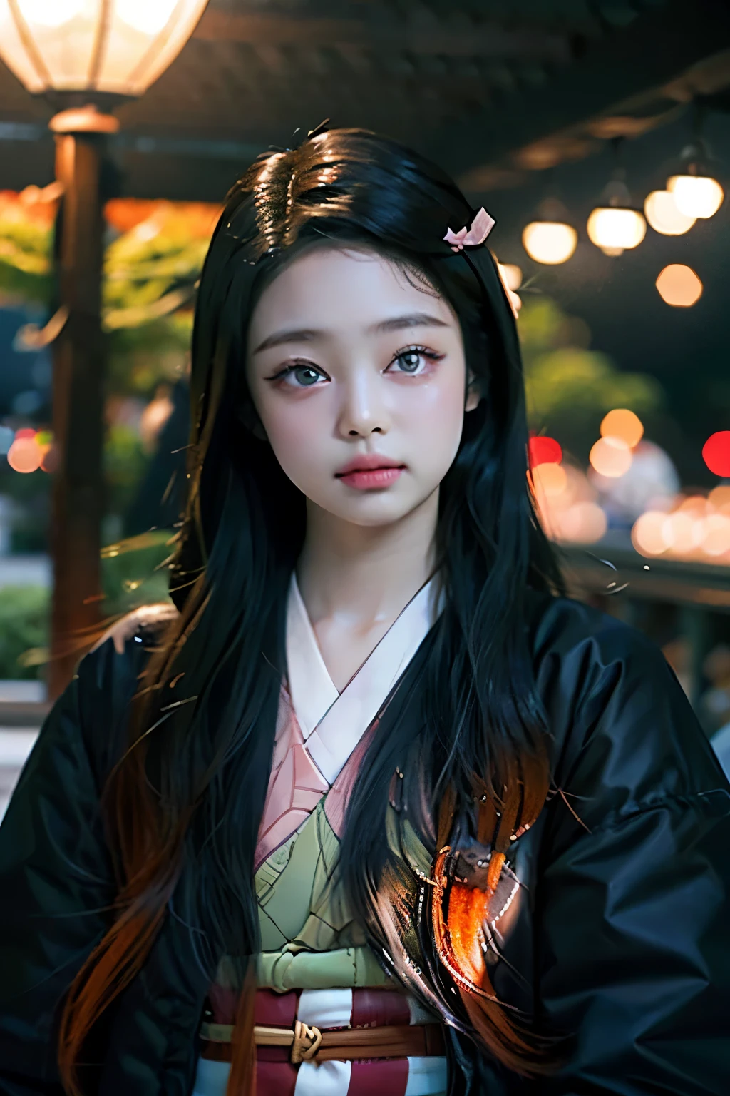 (Ultra Real), (illustration), (high resolution), (8k), (very detailed), (Best illustration), (beautiful and delicate eyes), (best quality), (very detailed), (masterpiece), (wallpaper), (detailed face), Night-up upper body, ice cream,long hair,alone,Simple kimono top girl, laborious, Japanese people,  nezuko kamado,