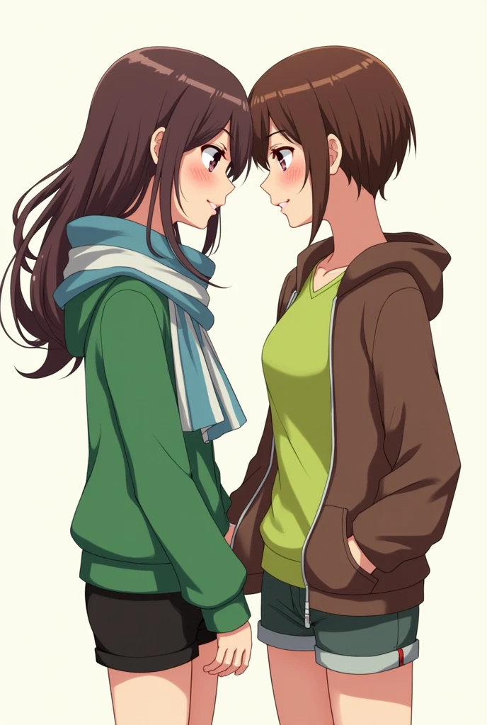 Two women:
Aredia: long brown hair, black eyes, light brown tea. He is wearing a green hooded sweatshirt and black shorts and is also wearing a two-tone scarf. (blue and white) stomach 1.62
Chip: Short-haired brunette, with bangs, white skin and reddish brown eyes. He is wearing a lime green t-shirt along with shorts and a brown hooded jacket.. stomach 1.68 The situation: Both characters in profile, bumping foreheads looking into each other's eyes with a slight blush smiling