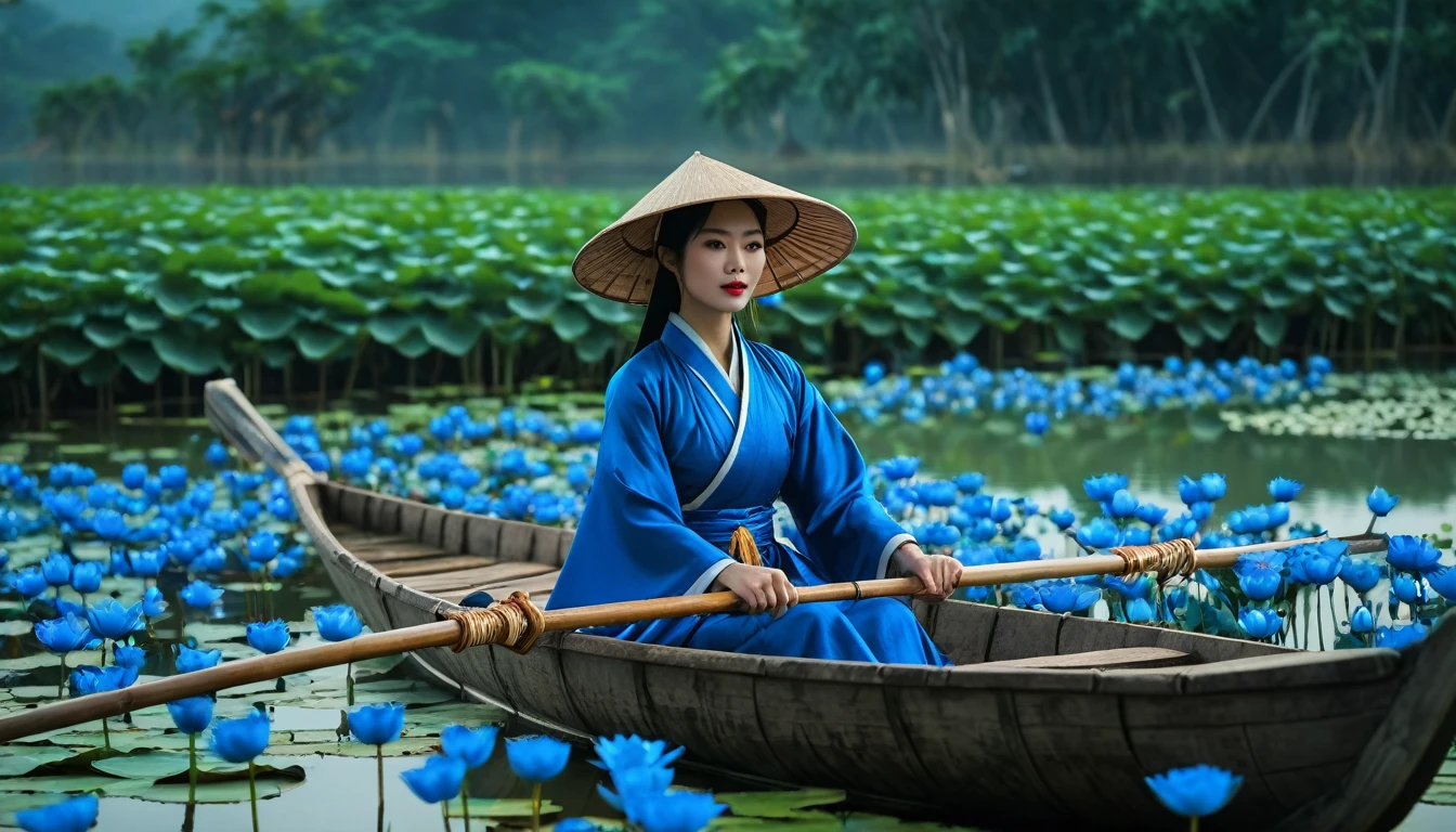 Realistic image, taken with Cannon E900, Mid-shot, a Northern Vietnamese girl in traditional Ao Tu Than, wearing Yem Dao, wearing Quai Thao hat, rowing a rustic boat on a lotus pond, mysterious but full of magic, shimmeringly beautiful, climbing blue roses, cinematic color, 16K, UHD, K-Pop Style, mystery atmosphere