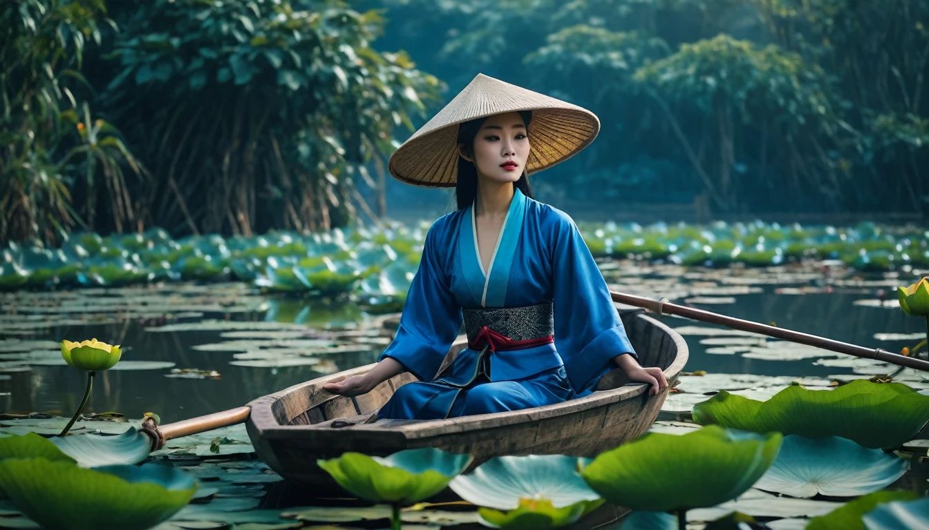 Realistic image, taken with Cannon E900, Mid-shot, a Northern Vietnamese girl in traditional Ao Tu Than, wearing Yem Dao, wearing Quai Thao hat, rowing a rustic boat on a lotus pond, mysterious but full of magic, shimmeringly beautiful, climbing blue roses, cinematic color, 16K, UHD, K-Pop Style, mystery atmosphere
