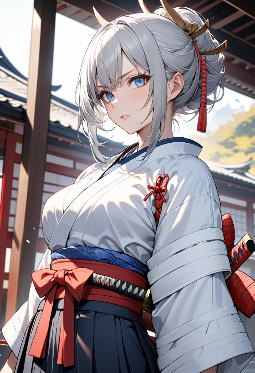 1girl,(samurai),((sarashi,hakama)),(prepare a katana),silver hair,blue eyes,(((masterpiece,ultra detailed,absolutely resolution)))