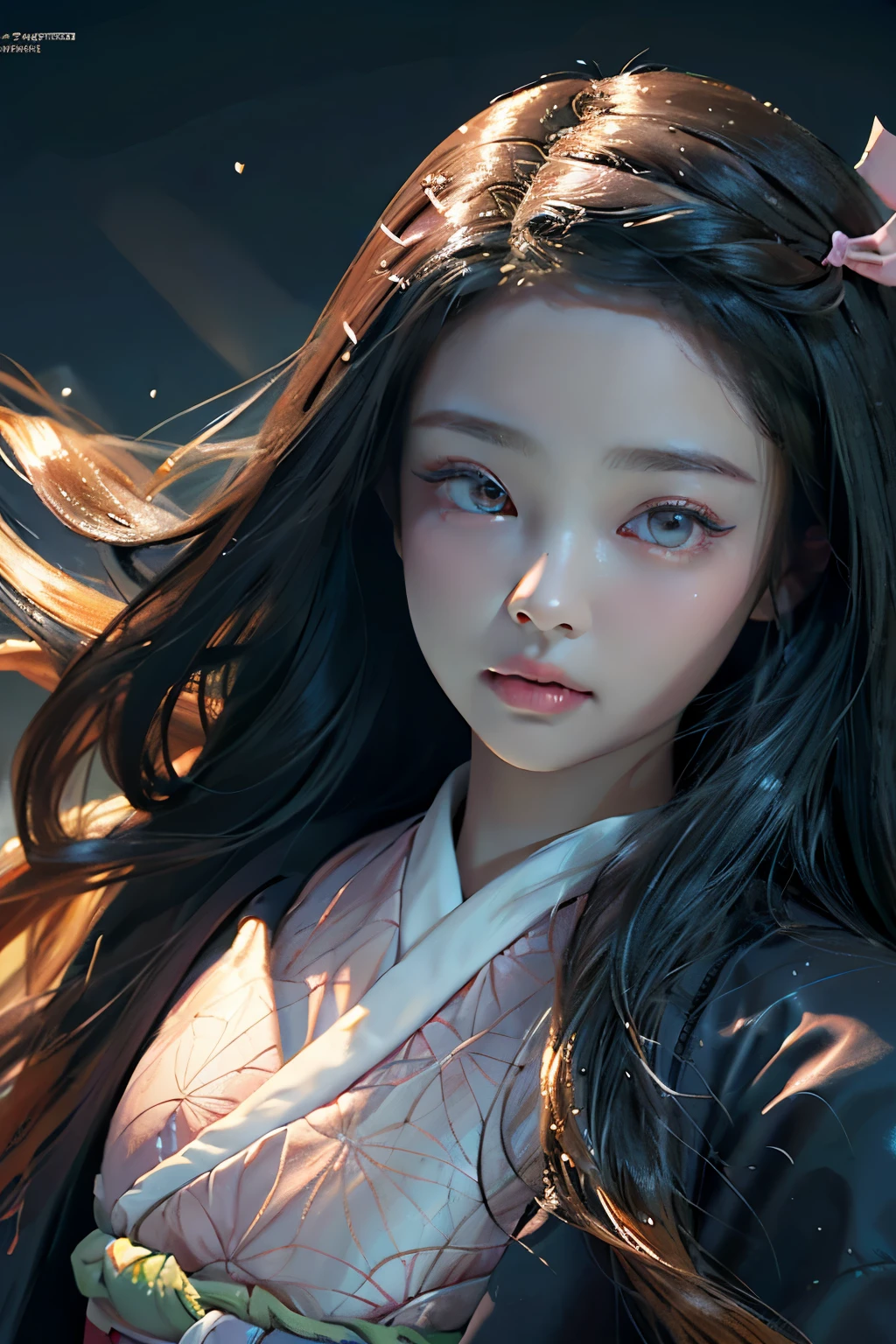 (Ultra Real), (illustration), (high resolution), (8k), (very detailed), (Best illustration), (beautiful and delicate eyes), (best quality), (very detailed), (masterpiece), (wallpaper), (detailed face), Night-up upper body, ice cream,long hair,alone,Simple kimono top girl, laborious, Japanese people, nezuko kamado,