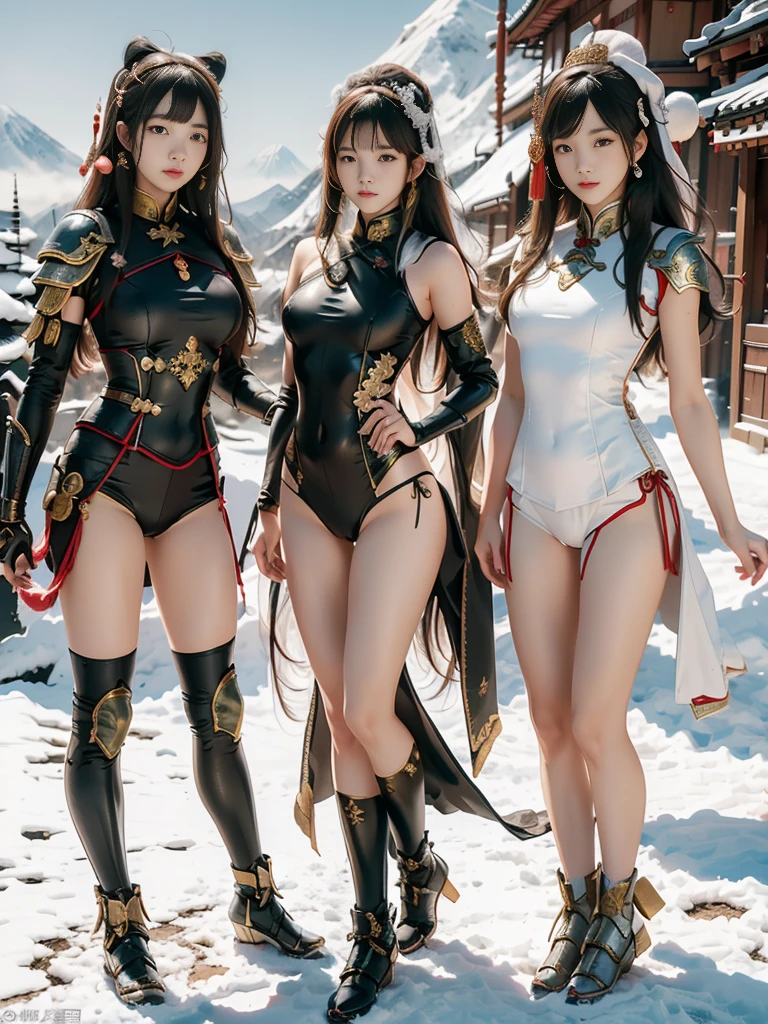 (Sketches), (number), Full body picture，Four girls posing side by side in dynamic poses, Note their white shaved legs, (中国皇族armor), (日本皇族armor), (日本皇族armor), (Empire Pension), (armor), , afternoon, Behind you are snow-capped mountains. Raw