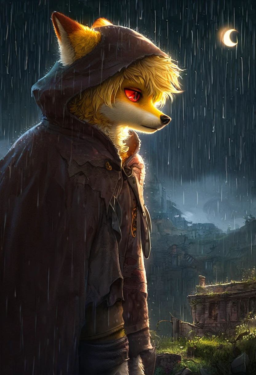 Shota the fox,hairy pubic,shaggy,Skin fur,Golden fur,Golden yellow face fur,Short straight blonde hair,Eyes have light,Red eyes,Brown elements on fur,Brown coat brown hood up,Star pattern white top,brown shorts,Beautiful lights and shadows,Ambient light,Ultra-fine fur,volumettic light,natural lightting,Fluffy tail,Dilapidated building,Plant elements in ruins,lichen,There is no other life,Night,starrysky,Vast landscape,crossed bangs, Hairline, Shiny hair, lone nape hair, ,Dilated pupils,Sleepy,(moon full:1.2),(meteors:0.9),(Starcloud:1.3)(Warm light source:1.2),Rained,wetclothes, (overcast sky, Standing downpour:1.1), Extra-long sleeves, Purple and orange,Complicated details,Volumetriclighting,Realist breakthrough(tmasterpiece:1.2)(best qualtiy),4K,Ultra-delicate,(Dynamic configuration:1.4),Highly detailed and colorful details,(Irridescent color :1.2),(luminouslighting,Atmospheric lighting),dream magical,magic,(solo:1.2)Glowing light,Empty eyes