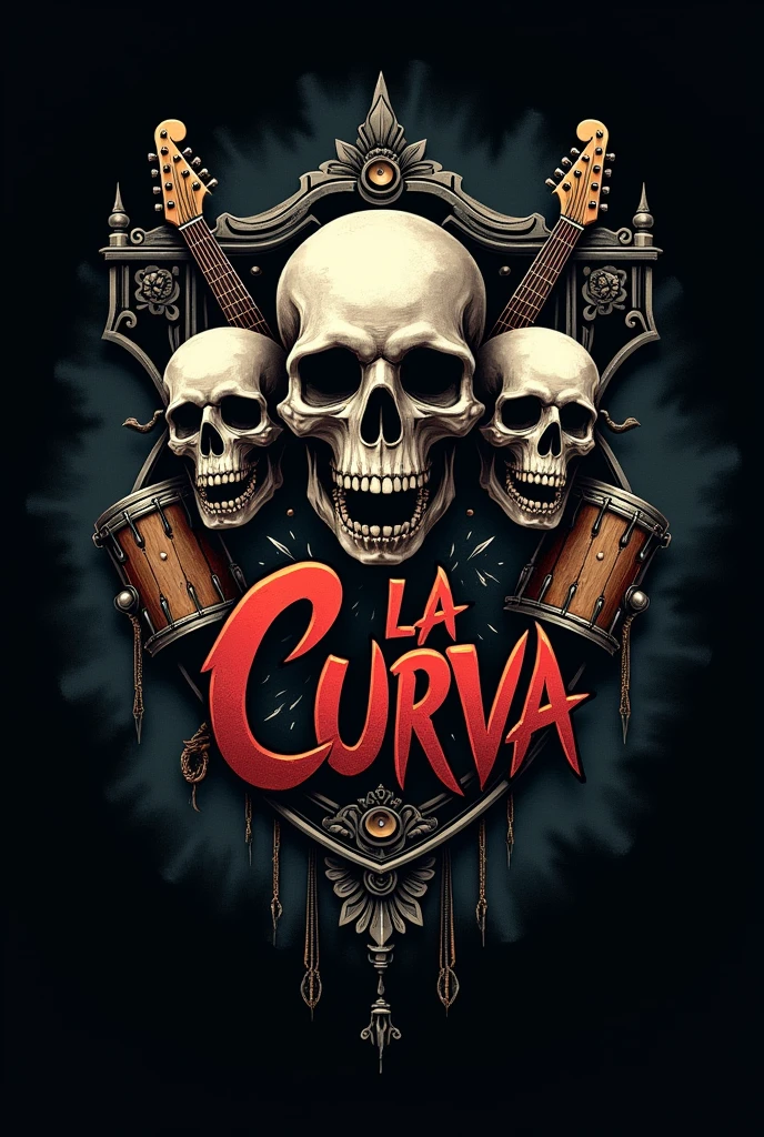 Make me a logo with the name "La Curva" including skulls, instruments like guitar and drums, make it aggressive and realistic, that causes a visual impact.