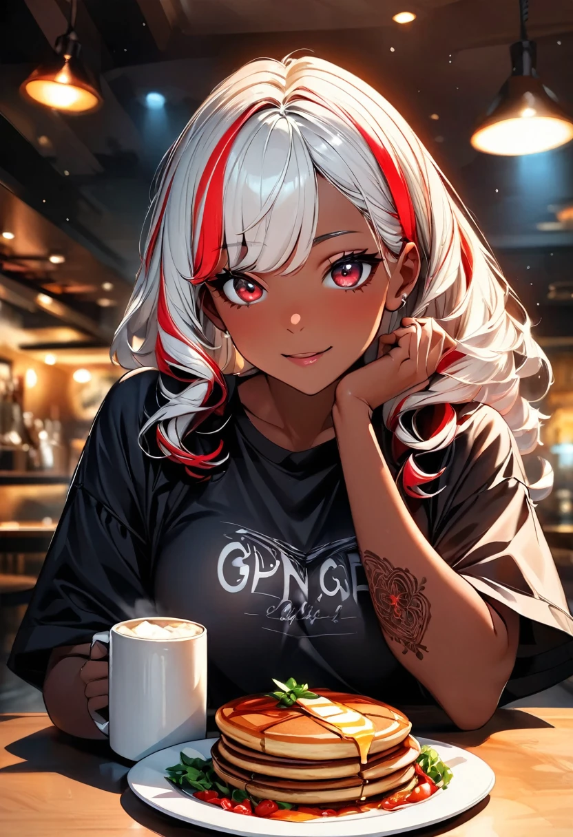 (highest quality:1.2, Very detailed, up to date, Vibrant, Ultra-high resolution, High Contrast, masterpiece:1.2, highest quality, Best aesthetics), Portraiture、girl、singer, solo, ((25-years-old:1)), Bright colors, Beautiful fine details、Beautiful lip detail、medium wave hair、red and white ((streaked hair:1.6)), highlights hair: 1.5, red eyes, slim body, medium breast, (tan skin:1.1), (Floral Fineline tattoo design on left arm:1), black t-shirts, holding mug of beer:1, siting in table, (thick steak), salad, (pancakes), steak house, close up of upper body, facing viewer