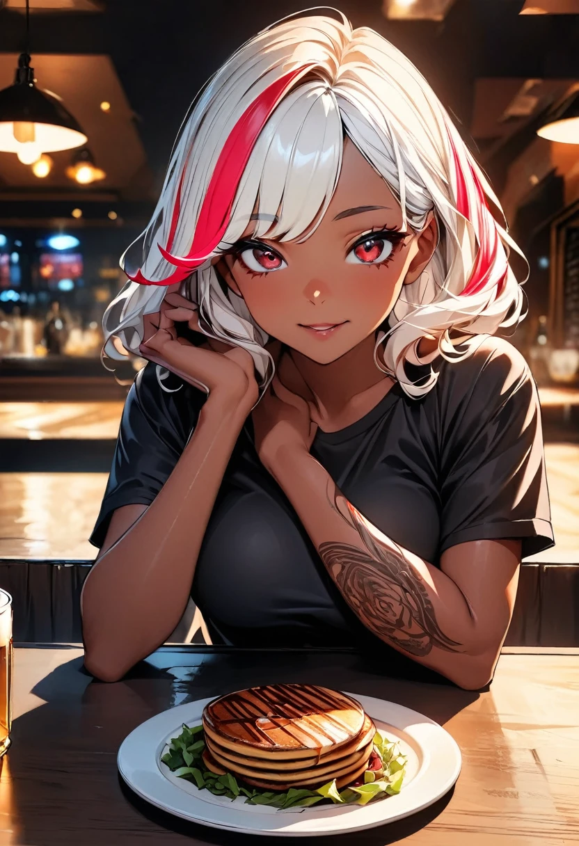 (highest quality:1.2, Very detailed, up to date, Vibrant, Ultra-high resolution, High Contrast, masterpiece:1.2, highest quality, Best aesthetics), Portraiture、girl、singer, solo, ((25-years-old:1)), Bright colors, Beautiful fine details、Beautiful lip detail、medium wave hair、red and white ((streaked hair:1.6)), highlights hair: 1.5, red eyes, slim body, medium breast, (tan skin:1.1), (Floral Fineline tattoo design on left arm:1), black t-shirts, holding mug of beer:1, siting in table, (thick steak), salad, (pancakes), steak house, close up of upper body, facing viewer