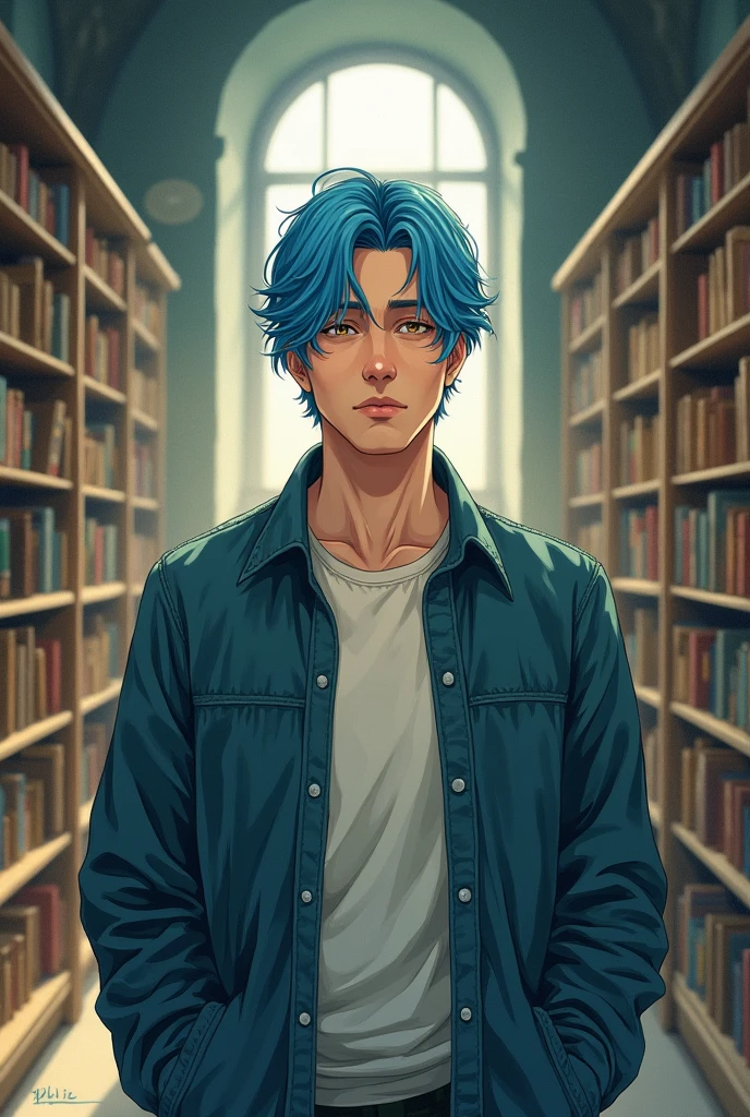 1 male, Around 30 years old,Watercolor Texture, Blue Hair, Soft colors, Illustration Anime, I'm in the library,German,middle ages,Front facing,neutral,