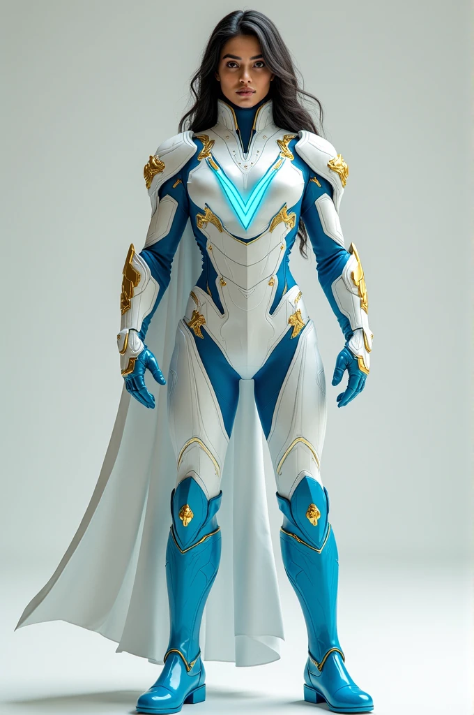 "A superhero of Indian origin wearing a high-tech suit primarily in pearl white with crystal blue accents. The superhero's boots are crystal blue, while the gloves are pearl white with elegant golden details. In the center of the chest is a prominent 'V' symbol in crystal blue, representing the superhero's name. The suit blends advanced technology with elements of Indian culture, giving the superhero a powerful and unique appearance."